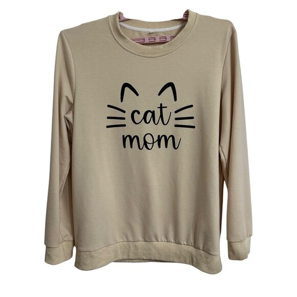 Cat Mom Graphic Beige Sweatshirt XL Soft Cozy Pullover Casual Long Sleeve Top - Picture 1 of 9